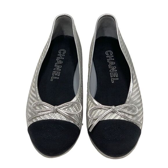 Chanel Flat Shoes Leather Fabric Silver Black Ballet Shoes Coco